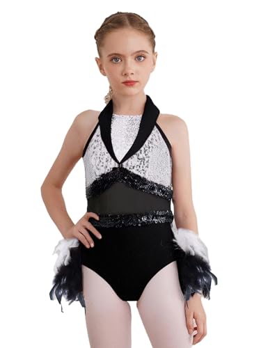 Oyolan Maillot De Baile Latino para Niñas Vestido Sin Mangas con Falda De Plumas Body De Patinaje Artístico Traje De Danza Actuación Blanco 15-16 años
