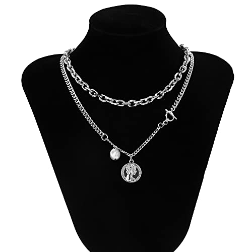 Jumwrit Dainty Layered Necklaces Curb Link Chain Choker Necklace Cuban Chain Necklace With Pearl Toggle Coin Pendant Necklace For Women And Girls（Silver） #TOP4