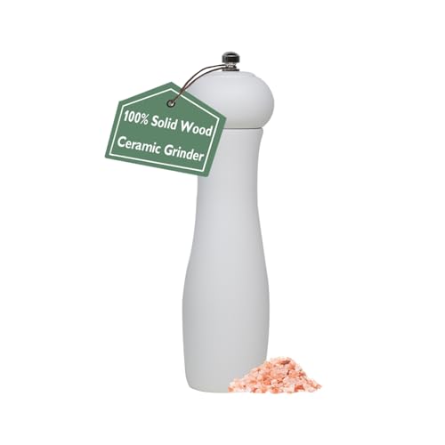 ManGotree Molinillo de Pimienta y Sal de Madera Hecho a Mano - Mecanismo de Cerámica Ajustable 8 Pulgadas, Molinillo Dual para Cocina Profesional (Blanco, 1 Unidad)