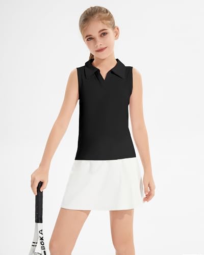 Image of Girls Sleeveless Polo Shirts, Kids V Neck Golf Shirts Blouses, Quick Dry Athletic Girls Tennis Tank Tops, Size 5-14