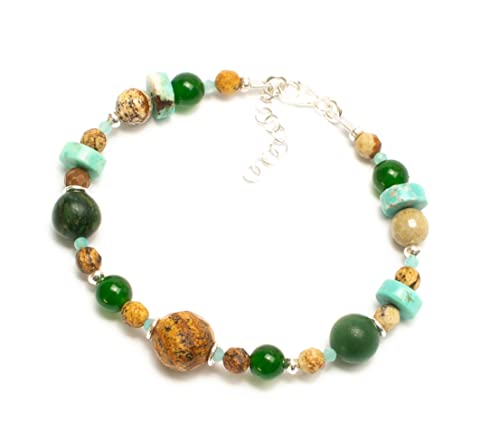 Kimaya Bijoux Pulsera para mujer artesanal de jaspe paisaje, howlita y jade, plata 925, fabricada en Francia, Jasper Cover