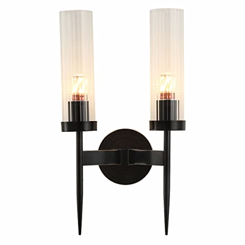 Image of BOKT Modern 2-Lights Matte Black Metal Vanity Light Fixture Clear Crystal Glass Bubble Wall Sconce Lighting Mid Century Wireless Wall Mounted Bedside Wall Lamps