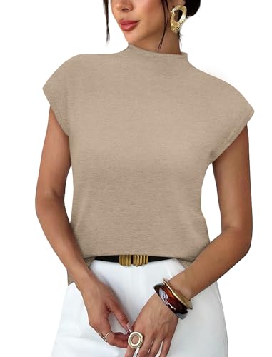 Short Sleeve Sweater for Women Summer Tops Spring Outfits Business Dressy Casual Tops Cap Sleeve High Neck Pullover Sleeveless Sweater Vest Corporate Outfits Capsule Wardrobe 2026 Apricot