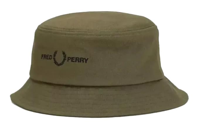 Fred PerryMens Womens Unisex Graphic Branded Twill Bucket Hat HW4631 in Uniform Green and Black Size Medium