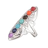 Design-Merkmal: Long Statement Ring Regenbogensteinen, einschließlich simulierter Jasper, Bernstein, Tigerauge, Türkis, Howlite, Lapis und Amethystheilungsstil, der sich an den Wurzeln von Chakra-Farben ausrichtet. Perfekt für Yoga-Liebhaber und kostenlose Geister, die Gleichgewicht und Ruhe suchen. Mehrere Größen