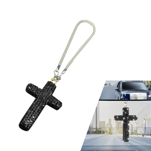Ferianl Bling Cross Car Mirror Hanging Accessories, Crystal Rhinestone Rear View Mirror Pendant, Religious Rearview Mirrors Decoration Charm, Car Hanging Ornament, Auto Interior Accessories (Black)