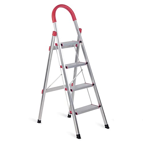 Step Ladder, 4 Step Stools For Adults, Lightweight Portable & Collapsible Aluminum Ladder, 330 Lbs Load Capacity (4 Steps,Red) #TOP29