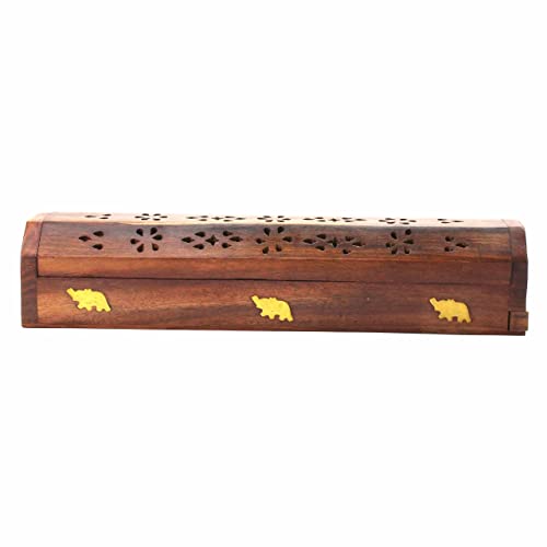 SUL Wooden Incense Burner Tray for Incense Sticks and Cones with Storage Compartment Ash Catcher with Brass Inlay Ideal for Aromatherapy Meditation,Yoga Ornamental piece for Home (ELEPHANT)