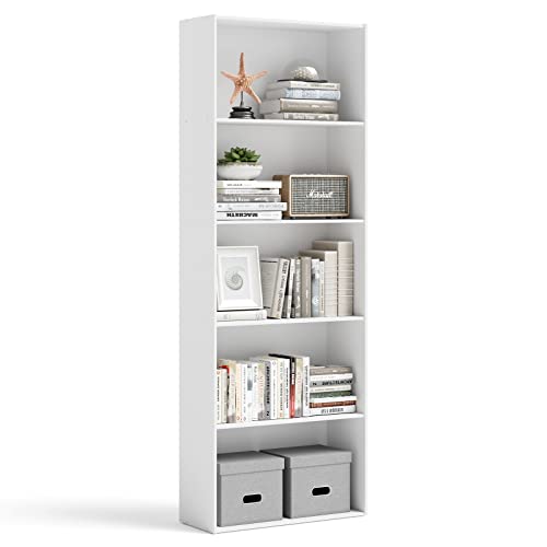 Tangkula 5-Shelf Bookcase, 23.5''L X 9.5''W X 67''H, Multi-Functional Wood Storage Display Open Bookshelf For Home Office (White) #TOP30