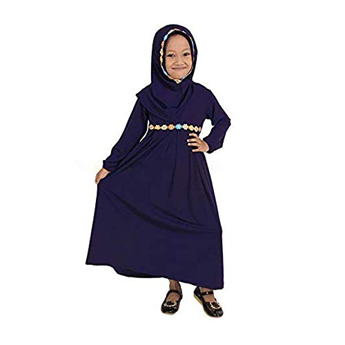 Muslim Dresses Abayas + Hijab 2PC Flower Waistband for Toddler Kids Girl Maxi Jersey Dresses Robe Abaya Islamic Clothing (5 Years, Dark Blue)