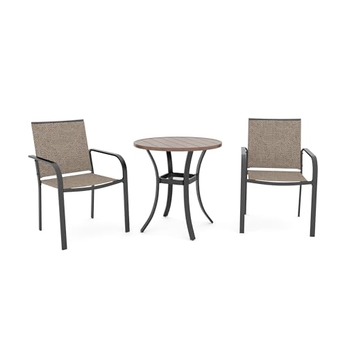 Image of Anmutig Outdoor Bistro Set for 2, Stackable Chairs & Metal Table, Beige | Weather-Resistant Textilene, Black Powder-Coated Steel Frame, Storage Shelf, Easy Assembly, Balcony, Deck, Poolside Use