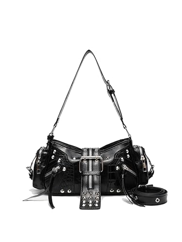 Vintage Shoulder Bag for Women Y2k Purse Adjustable Crossbody Handle Handbag Motorcycle Bag Leather Punk Underarm Bags - Main Image