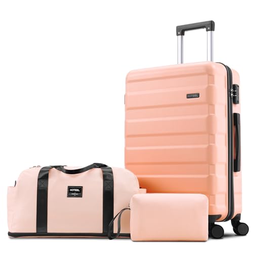 Hoteel Luggage Sets 3 Piece 4-Yr Warranty Durable Suitcase Dual-Spinner Wheel TSA Lock Lightweight Travel Hardshell ABS Carry on Luggage for Men&Women Pink(20in/DB/TB)