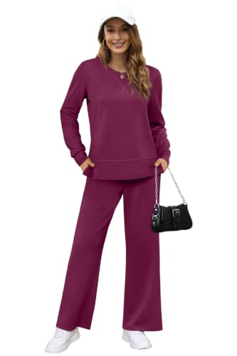 Image of OFEEFAN Women's 2 Piece Lounge Set Travel Airport Outfits Side Slit Tracksuit Wide Leg Loungewear Baggy Comfy Sweatsuit S-3XL