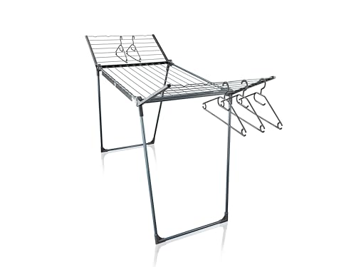 Leifheit Standtrockner Pegasus 200 Solid Black, schwarzer Wäscheständer mit Flügeln für Lange Kleidungsstücke, standfester Flügelwäschetrockner für drinnen und draußen, Wäschereck in modernem Design