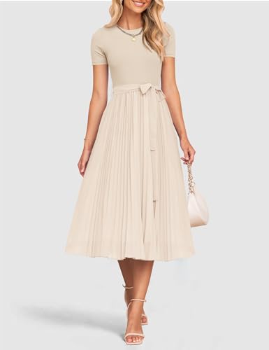 Zesica Womens Summer Short Sleeve Midi Dresses Spring Casual Crew Neck Knit Belted Pleated A Line Flowy Wedding Guest Dress,Apricot,Small thumb #1