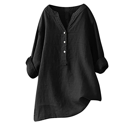 Camiseta Mujer Lino Algodón Manga Larga Camisa Ligero Primavera Verano Moda Casual Cuello en V Botones Color sólido Suelto Cómodo Tops T-Shirt Basic tee Talla Grande Transpirable Blusa 2025