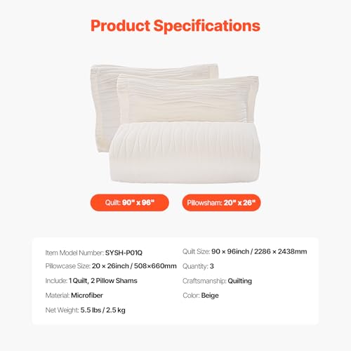 Image of VEVOR Queen Quilt Set, 3-Piece Lightweight Comforter, Microfiber Queen Size Bedding Set, Beige Bedspreads with 1 Quilt and 2 Pillow Shams, Lightweight Bedspread Coverlet Bedding Set, for All Season