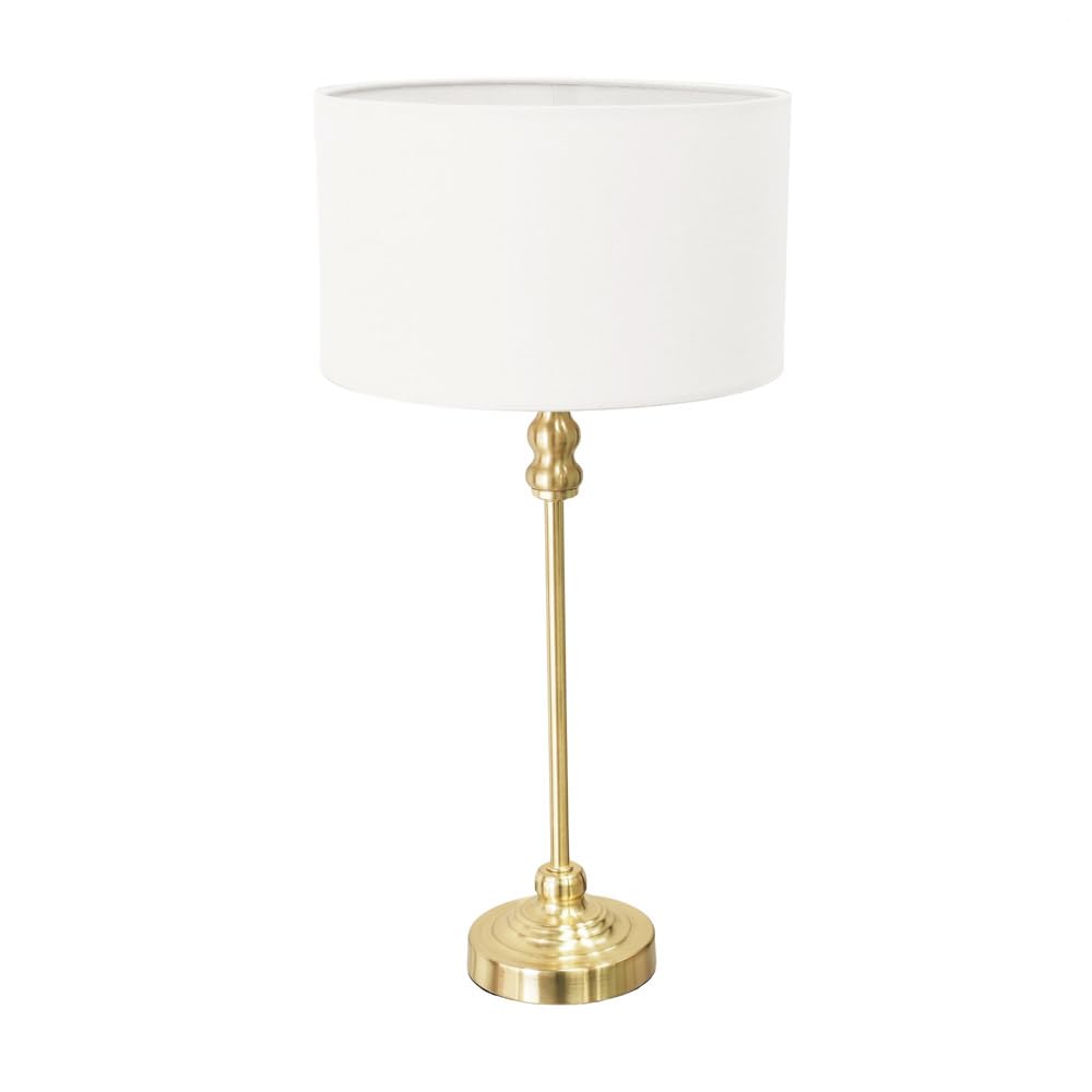 ValueLights Maggie White and Gold Drum Shade Candlestick LED Table Lamp - Slim Gold Base - White Fabric Shade - Energy-Efficient LED