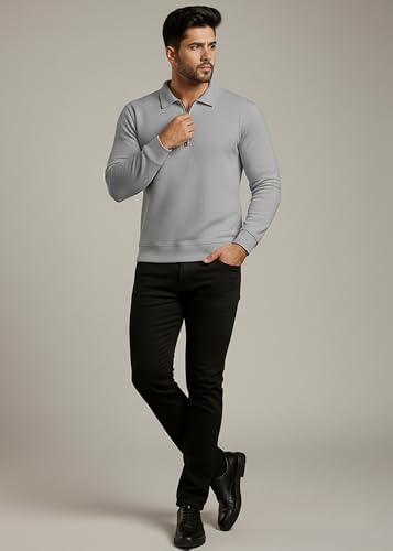 Image of Peppyzone Men's Full Sleeve Textured Polo T-Shirt with Collar | Stylish Chain Zip Tshirt for Man | Premium Polyester Lycra Stretch Fabric | Long Sleeve T Shirt for Men