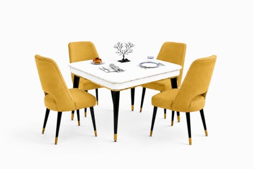 Image of WOODEN SPACE 4 Seater Wooden Dining Table Set | Urban Marble Top Dining Table with Chairs for Dining Room & Kitchen (Modern Vintage Yellow) (42 x 42 x 30 inch)