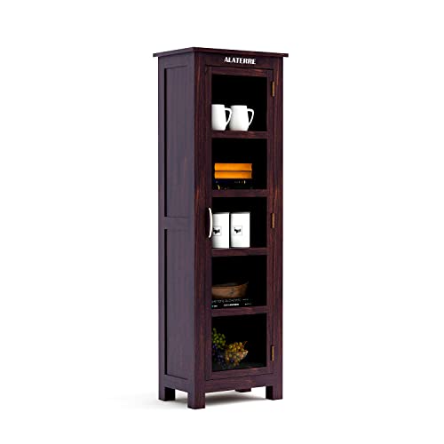 Image of Solid Sheesham Wood Display Cabinet | Tall Wooden Storage Unit with Glass Shelves | Multipurpose Book Shelf & Storage Organizer | Espresso Finish (Walnut)