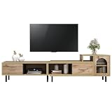 Mueble de TV extensible con aspecto de madera – Diseño flexible, 4 compartimentos, 2 cajones, puerta de cristal – 200 cm-278 cm (amarillo-marrón)
