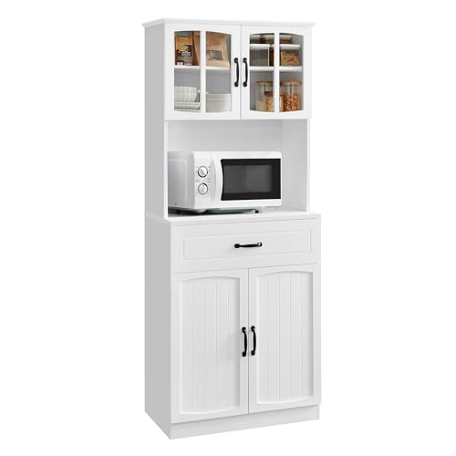 VASAGLE Armario Alto, Armario de Cocina con Puertas de Cristal y Estantes Ajustables, Cajón, Orificio para Cables, para Microondas, Estilo Moderno, Blanco LSC361W21