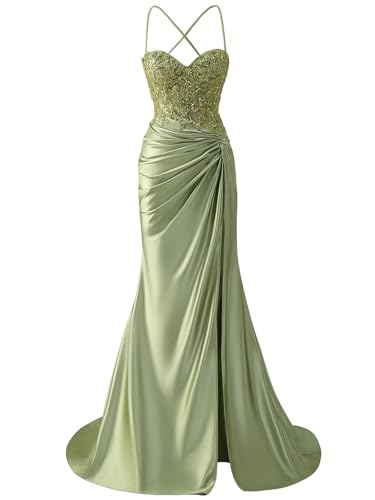 BOLENSYE Corset Prom Dresses Long Satin Lace Appliques Ball Gowns Mermaid Evening Dress with Slit3