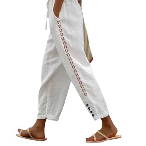 Women's Linen Pants Casual 2024 Summer Drawstring Elastic Waist Trousers Pockets Petite Fashion Straight Pants Lounge