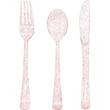 150 Pack Pink Glitter Plastic Silverware Disposable, Baby Shower Cutlery, 50 Pink Forks, 50 Rose Gold Spoons, 50 Rose Gold Knives for Brithday, Wedding, Baby Shower