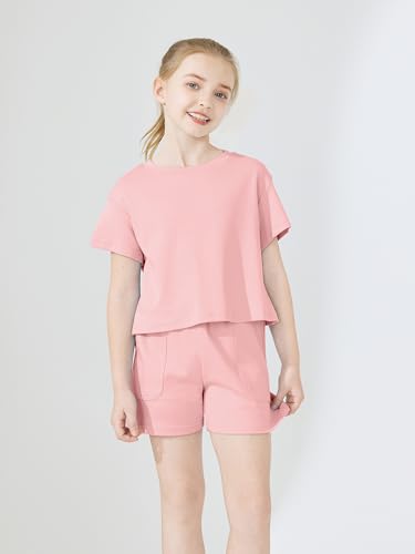 Image of Girls Clothing 2 Piece Summer Set Short Sleeve Tops Shirts Baggy Shorts with Pockets Fashion Outfits for Kids