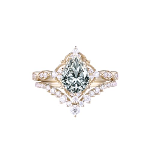 Gemstone Engagement Rings Set for Women Pear Cut Gemstone Bridal Sets Wedding Rings 10K 14K 18K White Yellow Rose Gold Gemstone Wedding Ring Sets Vintage Inspired V Shaped Wedding Band Promise Ring