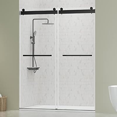 DELAVIN 56"-60"W x 75"H Frameless Shower Door, Double Sliding Shower Door, 5/16"(8mm) Clear Tempered Glass, Noiseless Shatterproof Shower Door with Square Rail, Stainless Steel, Aluminum, Matte Black