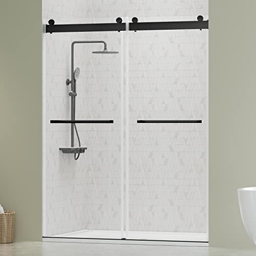 DELAVIN 56'-60'W x 75'H Frameless Shower Door, Double Sliding Shower Door, 5/16'(8mm) Clear Tempered Glass, Noiseless Shatterproof Shower Door with Square Rail, Stainless Steel, Aluminum, Matte Black