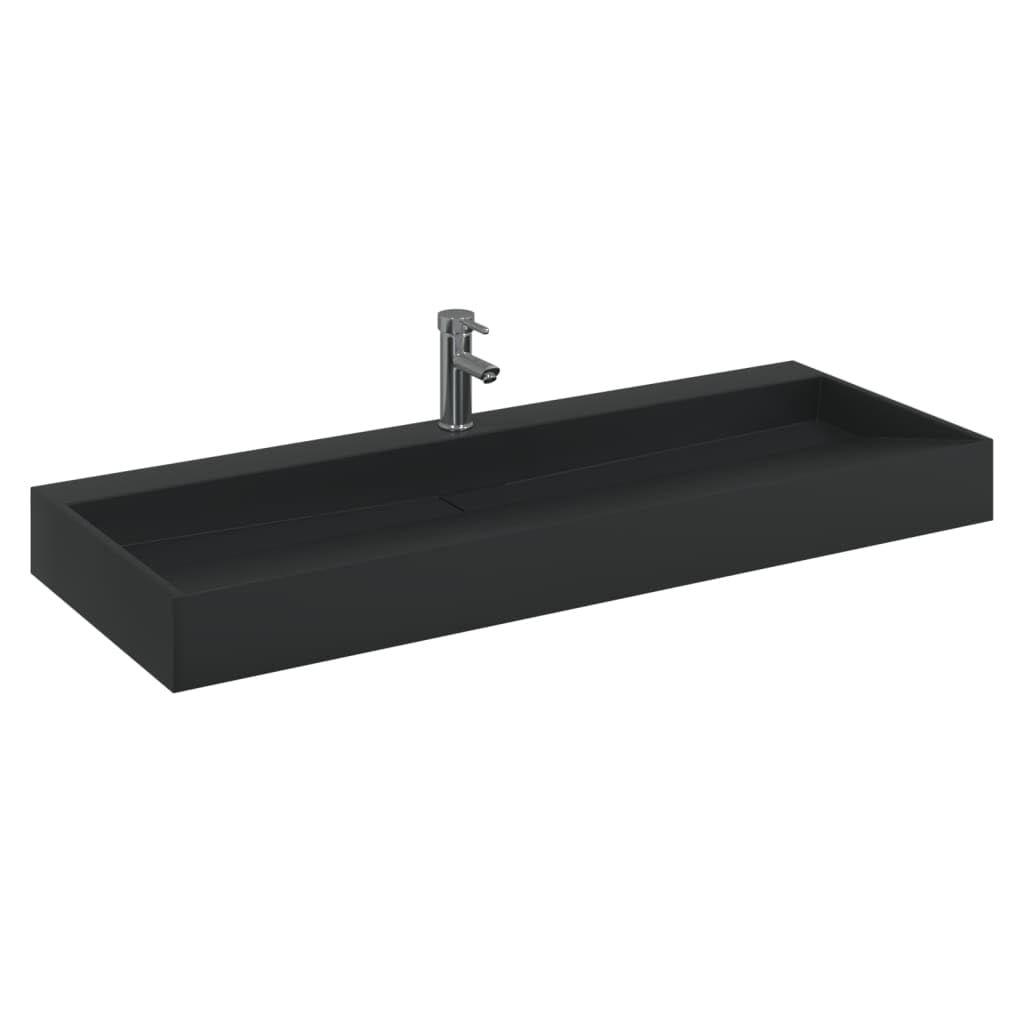 Waschbecken Mineralguss Mattschwarz 120x46x11 cm Aufsatzwaschbecken mit Hahnloch und Ablauf für Badezimmer Gäste WC Wandmontage modernes Design