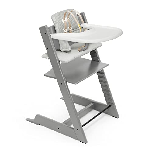 Image of Stokke Tripp Trapp High Chair and Cushion with Tray - Storm Grey with Nordic Grey - Adjustable, Convertible, All-in-One High Chair for Babies & Toddlers