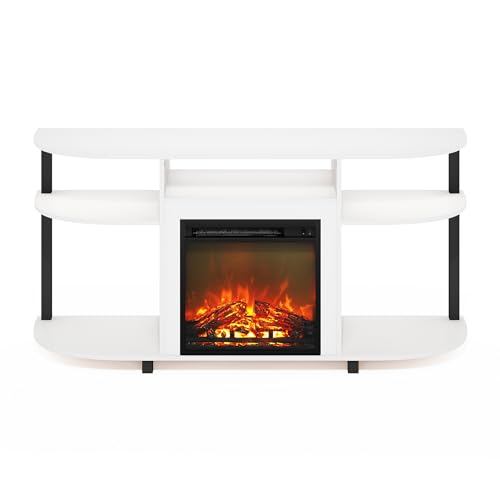 Image of Furinno Jensen Fireplace TV Stand, Curved Entertainment Center, TV Console for TV up to 55 Inch with Fireplace and Open Storage, for Living Room, Bedroom, Solid White