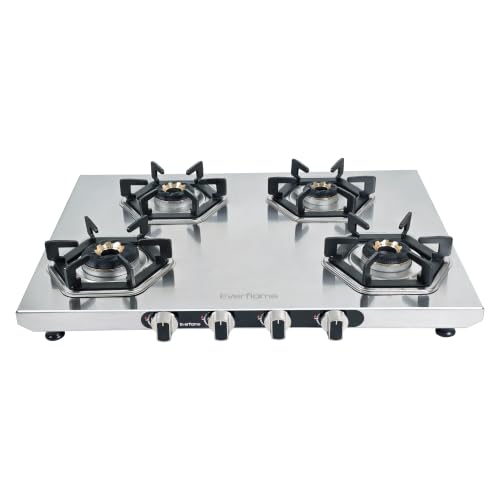 Image of Everflame Hexon 4 Burner Stainless Steel Gas Stove | 2mm Thick Jointless SS Body | 3D Forged Brass-Burner | ISI Certified | Manual Ignition | 2 Years Manufacturer Warranty