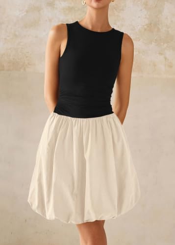 Image of KIRUNDO Summer Dresses for Women 2026 Cute Mini Sleeveless Bubble Dress | Stretchy Ruched Front Cinched Waist, Woven Balloon Skirt, Crewneck Tank Sundress With Pockets, Casual Party Vacation Outfits