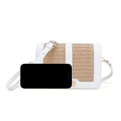 Image of FALETO Straw Crossbody Bags for Women Summer Leather Stitching Straw Flap Bag Handbag Shoulder Clutch Purse