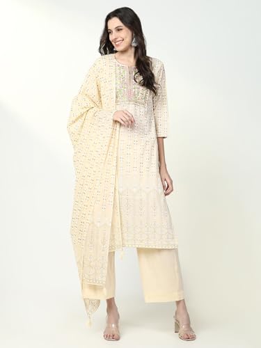 Image of SHOWOFFFF Women Floral Three-Piece Straight Festive Kurta Set | Round Neck 3 /4th Sleeves Cotton Kurta Set for Womens | Mid-Rise Regular Fit Calf Length Kurta Set for Women's