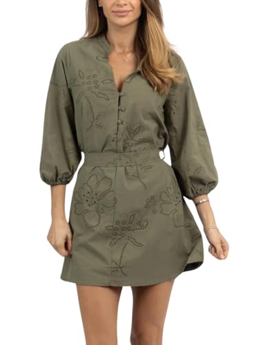 Image of Joiemont Womens Olive Embroidered Belted Mini Dress Summer Half Button 3 /4 Sleeve Eyelet Dress
