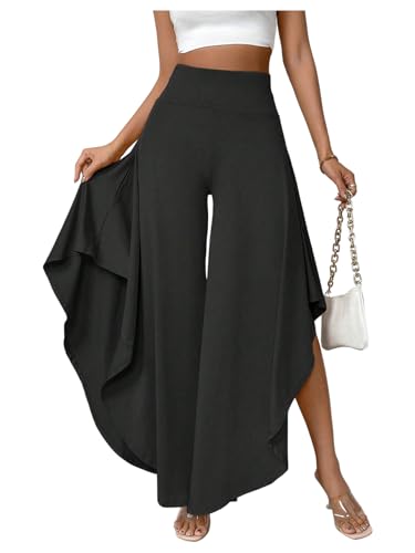 Floerns Women's High Waist Ruffle Asymmetrical Hem Wide Leg Flowy Long Trousers