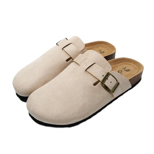 JOMIX Zapatillas Casa Mujer con Hebilla Zuecos y Mules Mujer Ante con Plantilla Ortopédica Sandalias Cómodas MD2438, Blanco Sucio, 41 EU