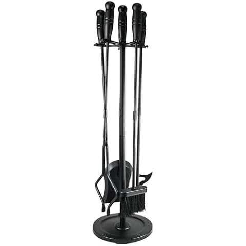 VODA Fireplace Tools Set 5 Pcs 31In Cast Iron Fireplace Tools Indoor Fireside Accessories Large Fire Place Tool Set Outdoor Holder Fire Kit with Poker Shovel Tongs Brush, Stand Cover