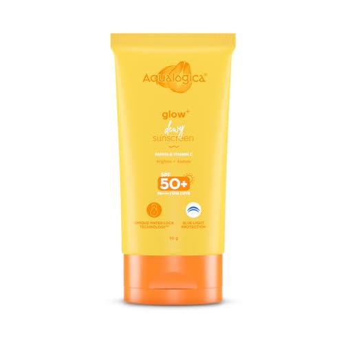 Aqualogica Glow+ Dewy Sunscreen Gel SPF 50 PA++++ with Papaya & Vitamin C | For Dry, Sensitive, Oily & Combination Skin | UVA/B & Blue Light Protection | Travel Friendly | For Men & Women | 30g