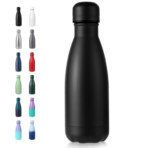 Volhoply 12oz Small Water Bottle Stainless Steel, BPA Free Insulated Water Bottles, Double Wall Cola Shape Flask, Keeps Cold 24 Hours and Hot 12 Hours for Kids Handbag (Black,1)