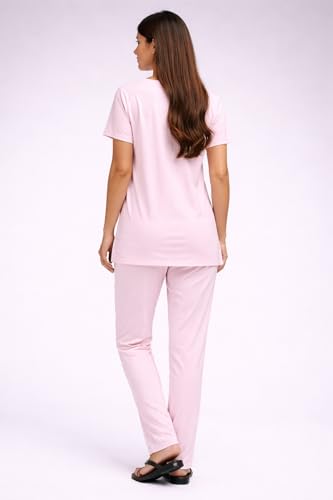 Image of KIAWAH Women's Cotton Night Suit, Long Top and Pajama Set, Round Neck, Short Sleeve,