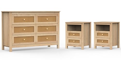 FNCK Bedroom 6 Drawer Dresser and Nightstand Sets 3 Piece, Rattan 2 Drawer Nightstand of 2 & Boho 6 Drawer Storage Dresser, 3 Pcs Bedroom Furniture Set